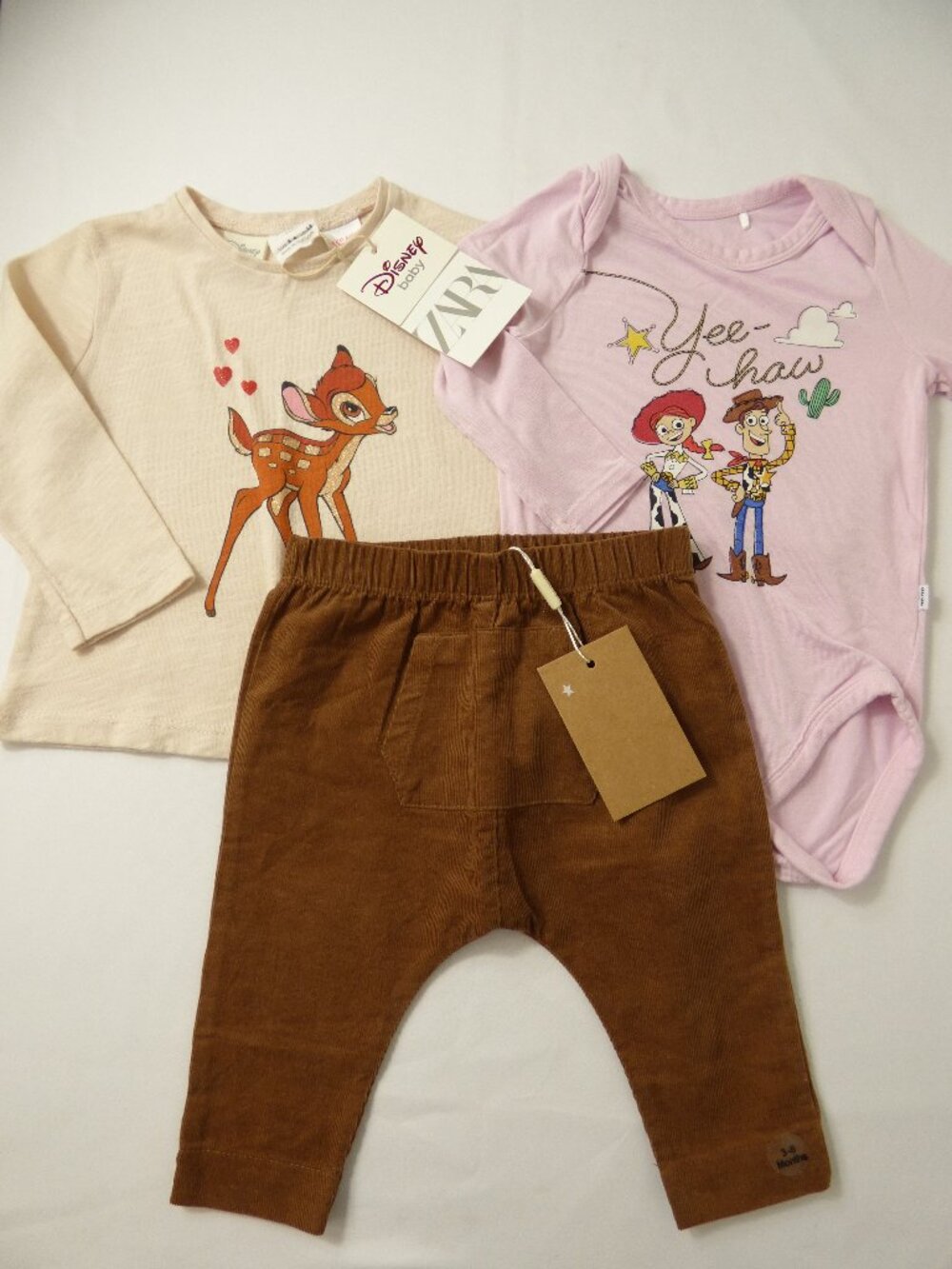 Little Sleepies Disney Onesie with NWT Disney Zara Shirt & Pant Set, Size 3-6 Mo